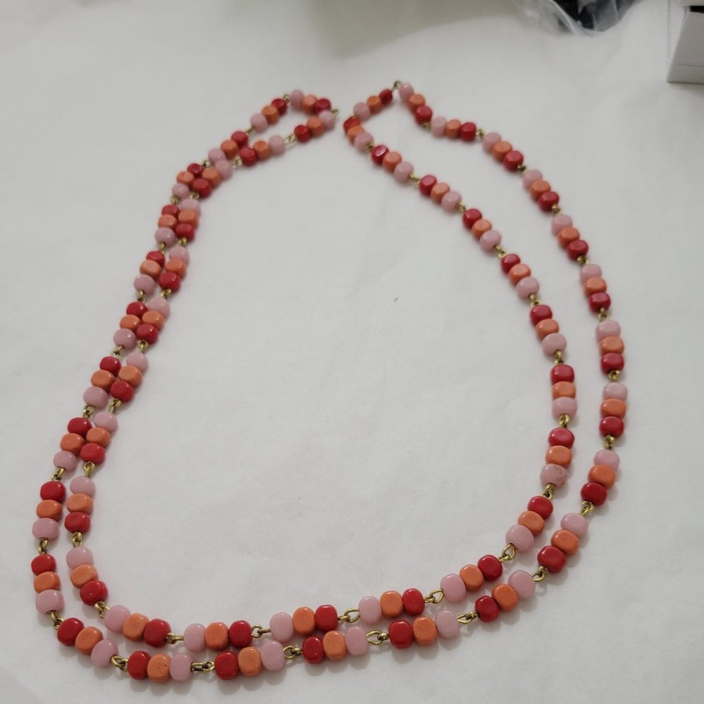 ANTIQUE ART DECO FLAPPER DESIGN RECTANGL GLASS BEADED 38" LONG GOLD FILLED WIRED